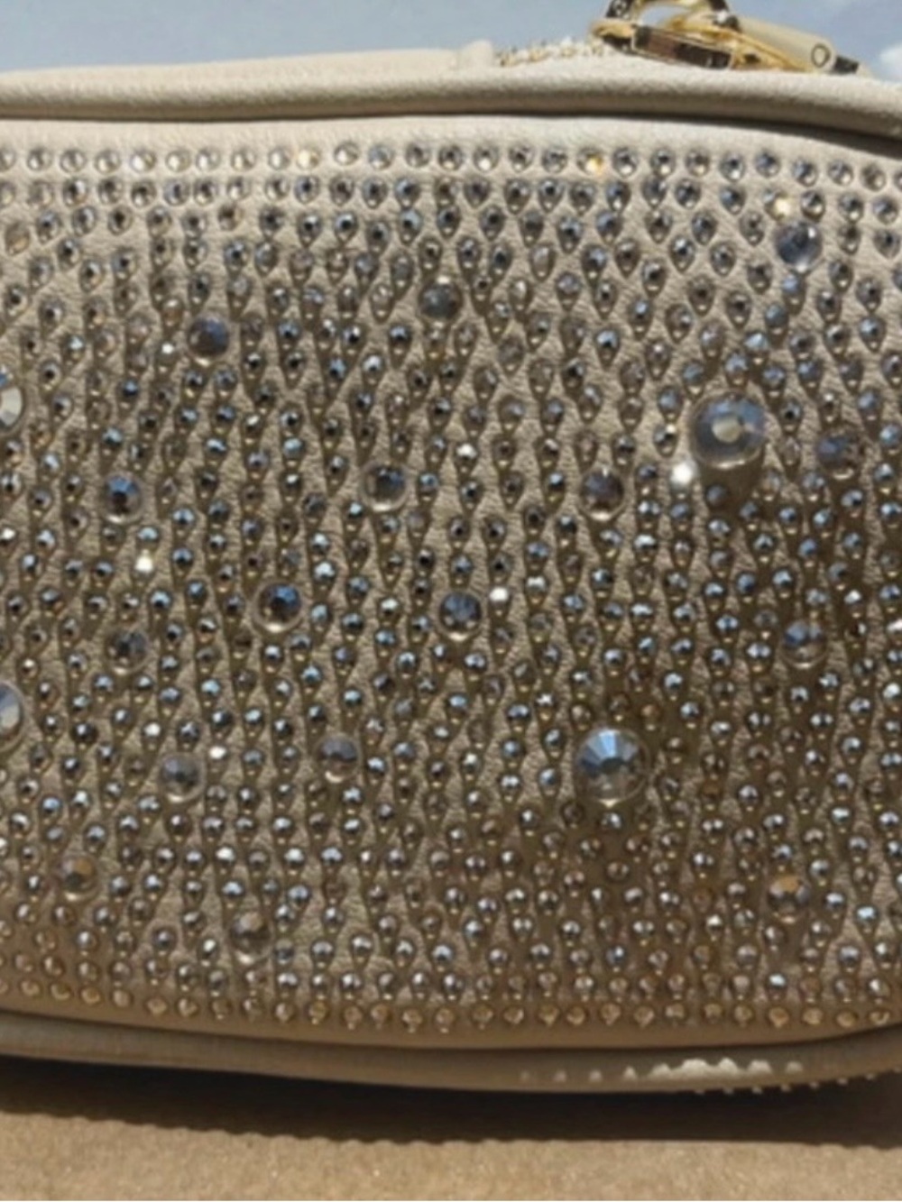 Rhinestone-Embellished Cream Crossbody Bag